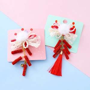 Pince À Cheveux Style Chinois Enfants Nouvel An Velours Rouge Pétard Dentelle Nœud Künstliche Perle Gland Cloche Accessoires Cheveux