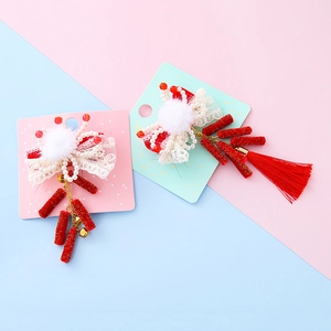 Barrettes de Nouvel An pour enfants avec pompons rouges, fausse fourrure et perles