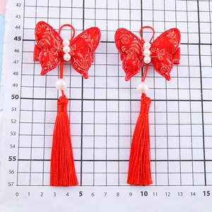 Chinese New Year red butterfly hair clips with tassels and pearls for girls