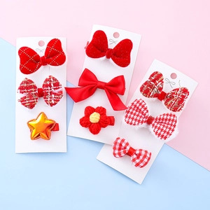 Kids Red Festive Hair Clip Set Plush Gingham Bowknot Barrettes For Lunar New Year Christmas Cute Children Hair Accessories