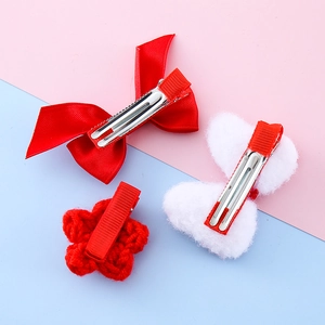 Red bow and plush hair clip set for kids with satin and crochet flower hair accessories