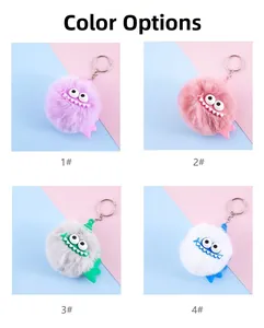 Detailed grid view of four colorful faux fur monster keychains with big eyes and horns