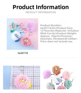 Detail view of colorful faux rabbit fur monster keychains showing dimensions 12x9cm