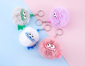 Detailed view of fluffy faux fur monster keychains with 3D silicone eyes and wings