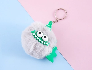 Detailed close-up of gray faux fur monster keychain with green silicone facial features