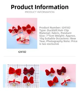 Detail view of red bow hair clips with flower bell charms, size 7x5cm in fabric