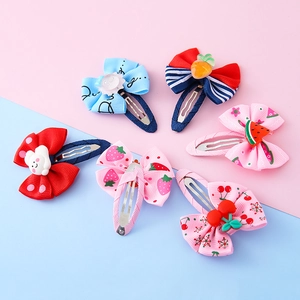 Set of 6 cute children cartoon bow hair clips with strawberry and rabbit resin motifs