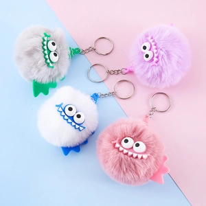 Funny Monster Faux Fur Pom Pom Keychain Cute Cartoon Plush Ball Keyring For Bag Charm Women Girls Gift Decoration Accessory