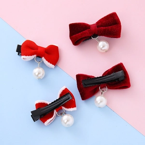 Set di 4 fiocchi per capelli rossi in velluto e tessuto con pendenti in perla bianca