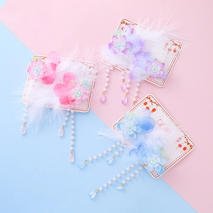Vintage Chinese Style Flower Feather Tassel Hair Clips Faux Artificial Pearl Hanfu Hair Pins For Kids Girls Hair Accessories
