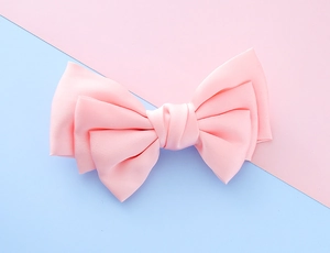 Detailed view of layered pink fabric bow hairclip with soft satin texture and center knot