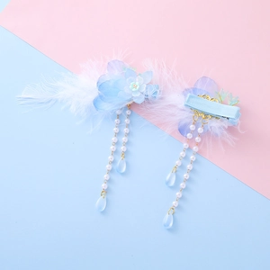 Blue silk flower hair clips with feathers and pearl tassels for girls traditional outfit