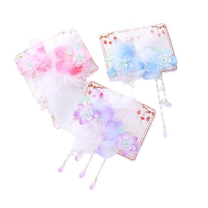 Chinese style hair clips with pastel flowers, white feathers and beaded tassels for girls