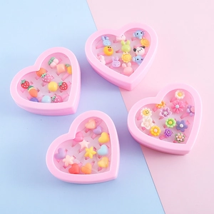 Kids Cartoon Resin Rings Set With Heart Shaped Box Adjustable Plastic Animal Flower Fruit Toy Jewelry Rings For Girls Gift
