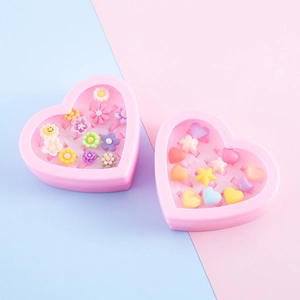 Set of 12 kids cartoon resin flower rings in pink heart-shaped gift boxes for girls