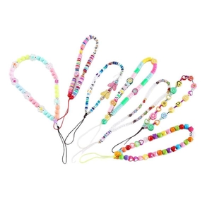 Set di 7 catenine per cellulare in argilla e acrilico con sorrisi e perline di frutta