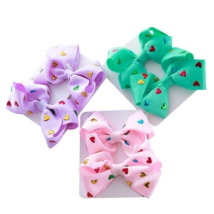 Colorful bronzing heart ribbon bows clips set for girls in pink green purple