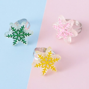 Lot de 3 bagues flocon de neige ajustables pour filles en résine verte, rose et jaune