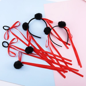 Cerchietto per Capelli Bambini Con Pompon e Lunghe Stelle Filanti in Nastro di Raso Rosso Set Molletta Elastico per Cosplay
