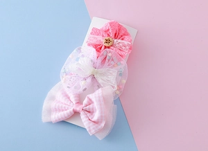Ensemble de trois barrettes pour filles avec nœuds en tulle rose et fleurs