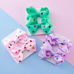 Handmade Grosgrain Ribbon Bow Hair Clips With Metallic Heart Pattern For Kids Girls Sweet Hair Accessories Hairpin