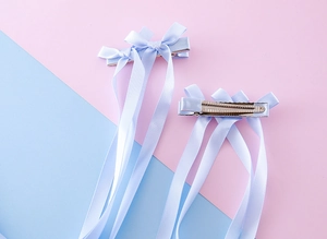 Barrettes à cheveux bleues avec nœuds et longs rubans pour filles, pinces crocodiles