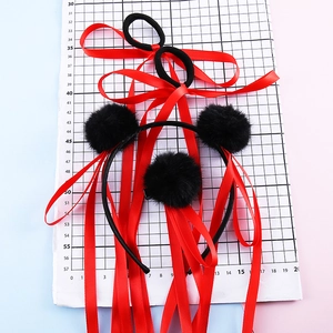 Set cerchietto con nastri rossi e pon pon neri per cosplay e accessori per capelli