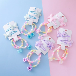 Parure de Bijoux Enfant Dessin Animé Papillon Fleur Barrettes à Paillettes Et Bracelets en Perles pour Fillettes Accessoires de Fête Cadeau