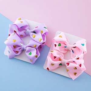 Kids colorful heart pattern grosgrain ribbon hair bow clips in pink and purple