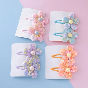 Sweet Kids Mesh Flower Hair Clips Set Sequins Faux Artificial Pearl BB Clips For Girls Cute Floral Hair Accessories Daily Party