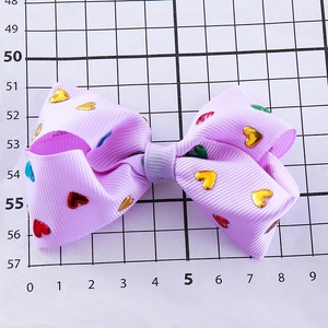 Lavender grosgrain bow hair clip with colorful metallic hearts for girls, 8.5cm width