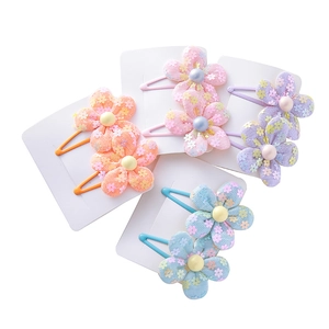 Set of 4 pairs of sweet children's hair clips with floral mesh and macaron beads