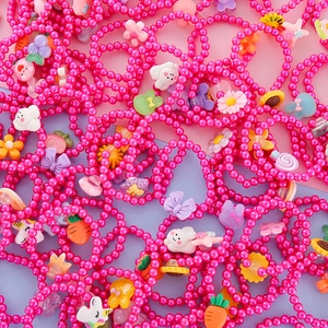 Kids Cartoon Beaded Bracelet Rabbit Flower Fruit Charms Resin Faux Artificial Pearl Elastic Bracelet For Girls Princess Jewelry Toy