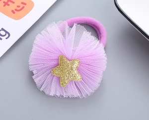 Detail of purple mesh flower hair tie with shiny gold glitter star and elastic band