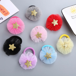 Kids Mesh Star Pom Pom Hair Ties Glitter Five Pointed Star Elastic Hair Bands Sweet Girl Hair Accessories