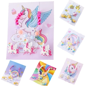 Simpatici Gioielli in Resina per Bambini Unicorno Arcobaleno Cuore Corona Bracciale Collana Orecchino Anello Molletta Capelli