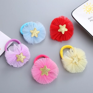 Set of 5 colorful mesh flower hair ties for girls with sparkly gold star details