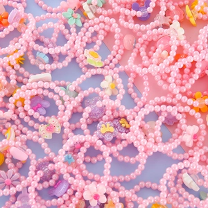 Pink pearl bracelets for kids with cartoon rabbit and flower resin pendants