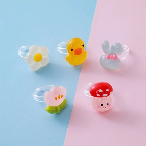 Anelli in Resina a Cartoni Animati per Bambini Anelli Trasparenti Regolabili con Animali Fiori Funghi per Regalo Gioielli Festa