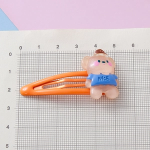 Cute cartoon resin bear hair clip with blue shirt on orange metal snap clip base