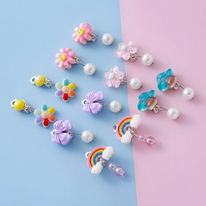 Children Cartoon Ear Clips For Girls No Pierced Earrings Resin Rainbow Mushroom Flower Bow Jewelry With Faux Artificial Pearl