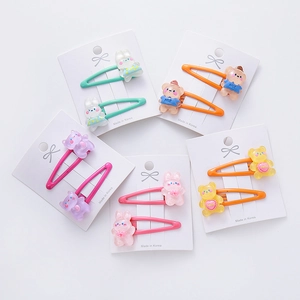 Set of cute cartoon bear and bunny resin hair clips in five vibrant pastel colors