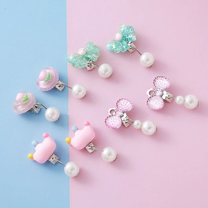 Colorful resin clip-on earring set with rainbow bow and crown pearls for girls