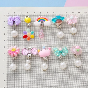 Colorful resin clip-on earrings for kids with cartoon rainbow mushroom flower and pearl charms