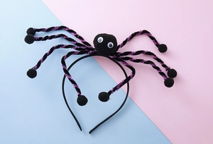 Detail of Halloween spider headband with purple tinsel legs and googly eyes on split background