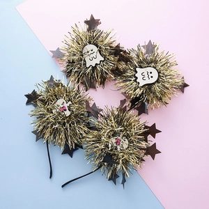 Halloween headband set with golden tinsel pom poms and cute cartoon ghost decorations