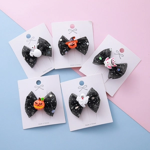 Barrettes Cheveux Noeud en Maille Halloween pour Enfants Filles Paillettes Brillantes Résine Citrouille Fantôme Chauve-souris Chat Dessin Animé Accessoires Cheveux
