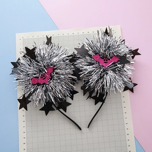 Set of two Halloween headbands with large silver tinsel balls and pink glitter bats