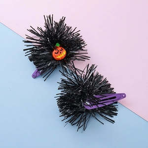 Halloween pumpkin and bat fringe hair clips set with purple BB metal pins for kids