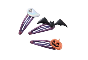Lot de 3 barrettes d'Halloween avec un fantôme blanc, une chauve-souris noire et une citrouille